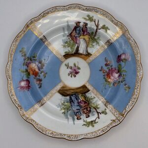 Carl Thieme Dresden Potschappel Plate Quatrefoil Courting Scene Crown SP Flawed